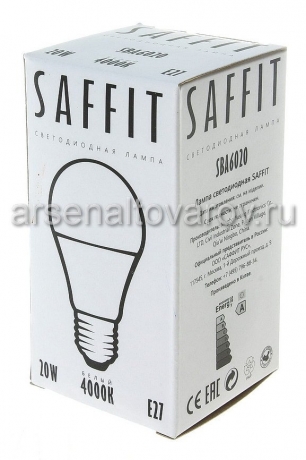 лампа светодиодная Саффит 20 Вт (аналог 200 Вт) Е27 (большой цоколь) 4000К холодный белый свет груша (SBА6020) (55014) 0277