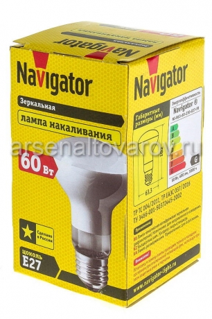 лампа накаливания зеркальная 60 Вт Е27 (большой цоколь) (Навигатор) (NI-R63-60-230-E27) 94321