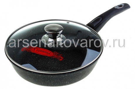 сковорода алюминиевая литая с антипригарным покрытием 26 см стеклянная крышка съемная ручка Гранит (с2654аг) (Горница)